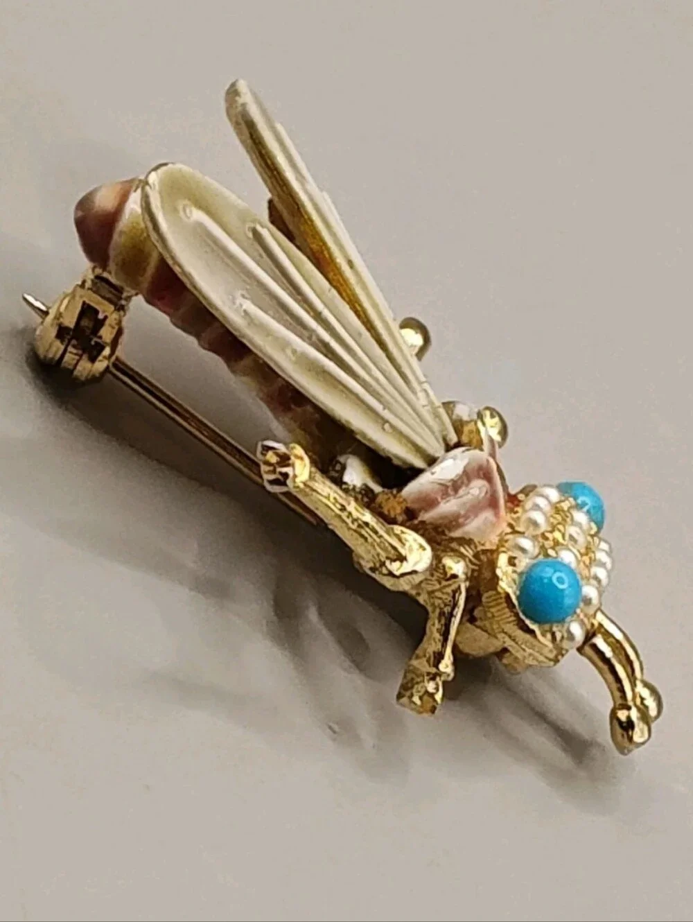 Vtg Bee Bug Flying Insects Enamel Brooch Glass Jelly Belly Lapel Pin Signed CFW
